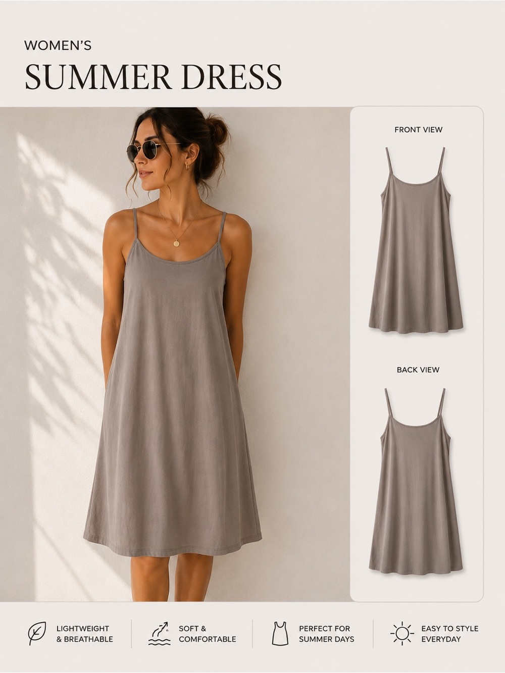 Simple Taupe Slip Dress with Spaghetti Straps Size XL